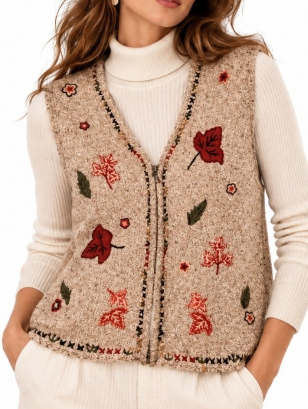 Vintage Northern Reflections Hand Embroidered Leaf Sweater Vest Cottagecore Boho